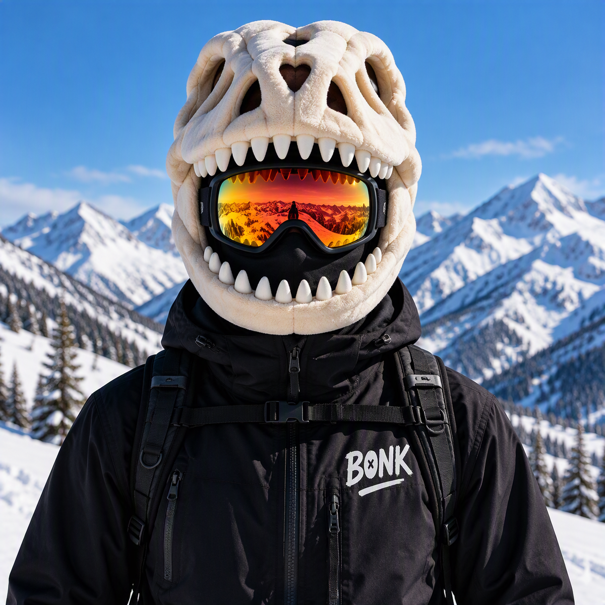 White Bonk Head worn over a ski mask and goggles, front view