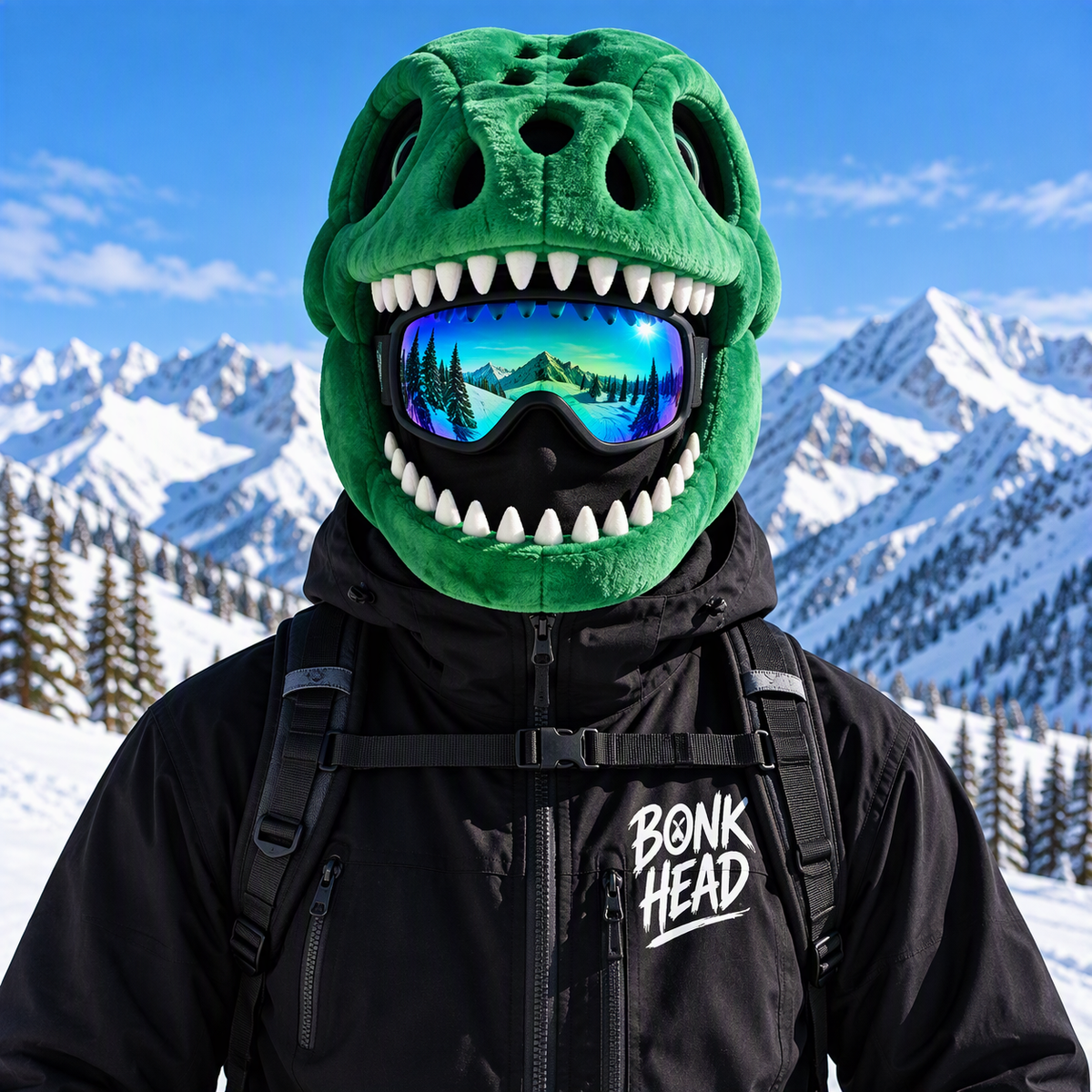 Green Bonk Head worn over a ski mask and goggles, front view
