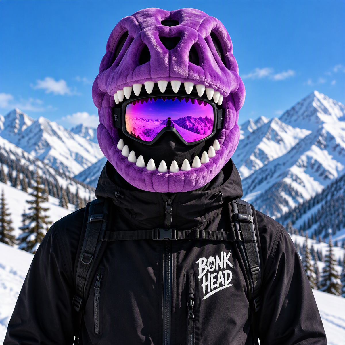Purple Bonk Head worn over a ski mask and goggles, front view