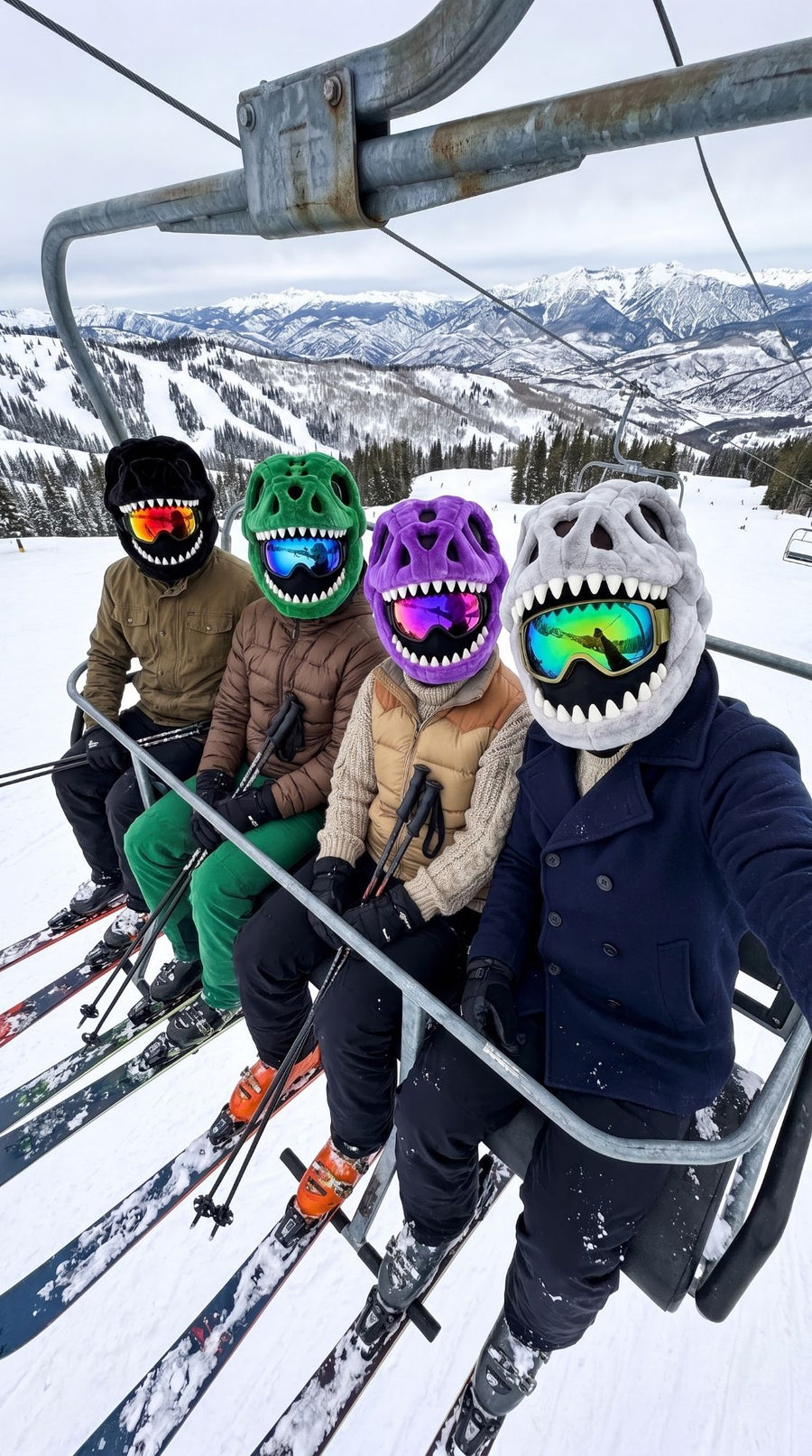 Four skiers on a chairlift wearing Black, Green, Purple and Gray Bonk Heads