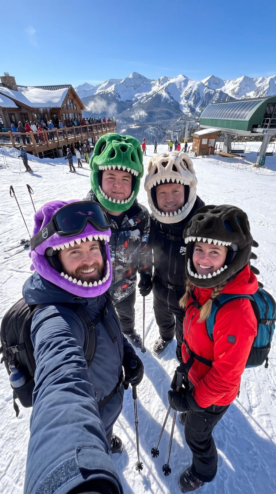 Group of skiers in Bonk Heads at the top of the lift