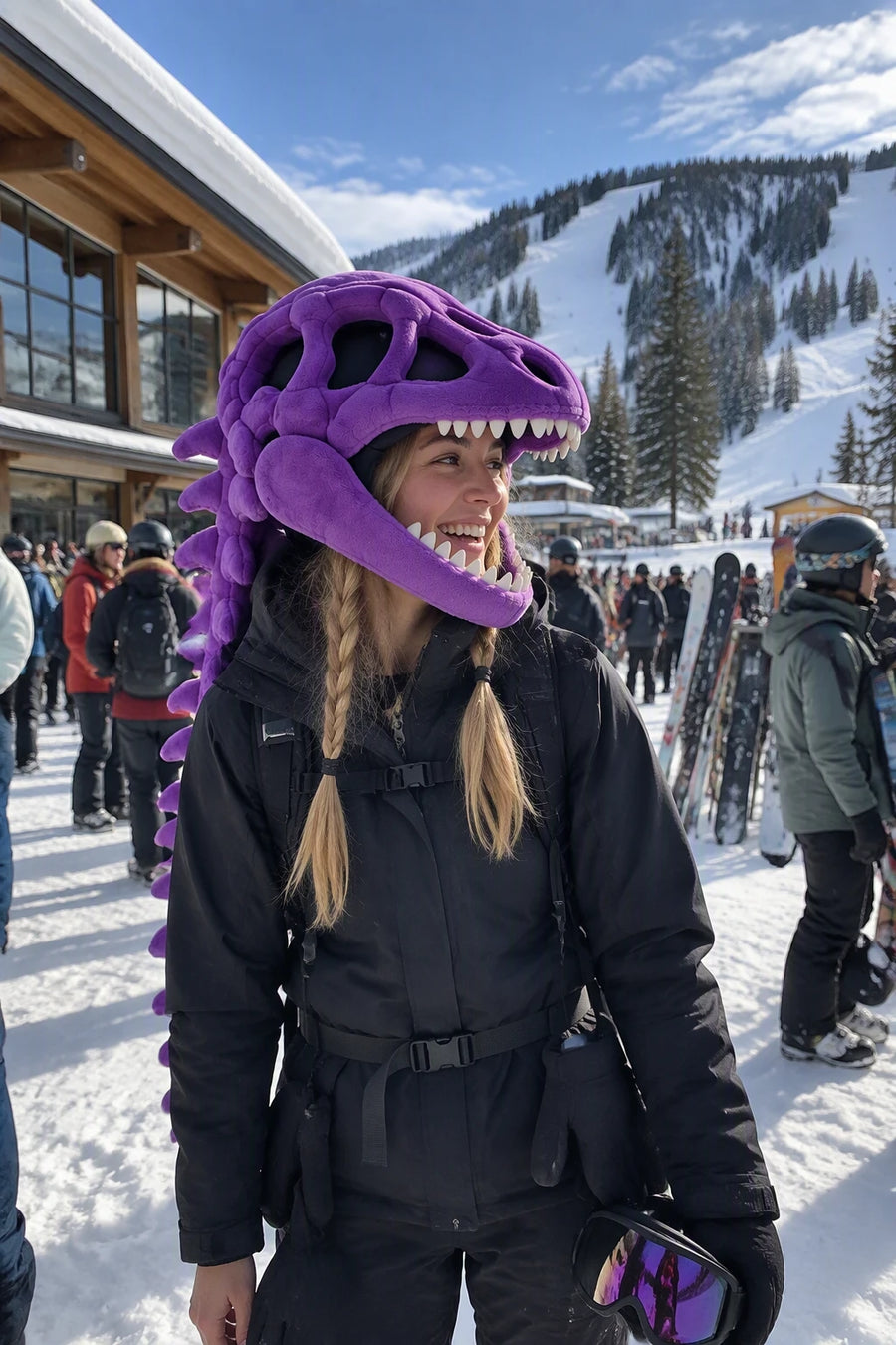 Skier in a Purple Bonk Head outside the lodge